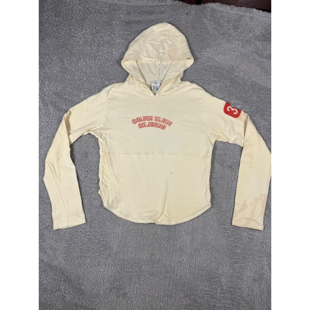 Calvin Klein Jeans Hoodie Womens Large Cream Good Vintage Graphic Y2K Pullover